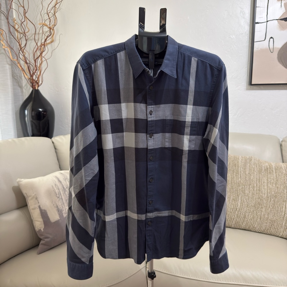 Burberry Men's Dark Blue and Light Gray Check Shirt